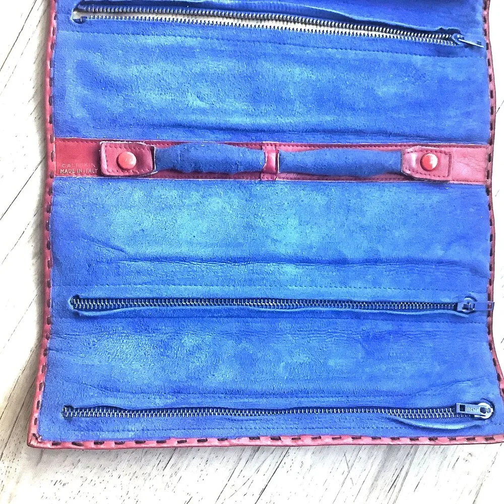 Vintage Jewelry Organizer Red Italian Leather Travel Pouch Blue Suede Lined